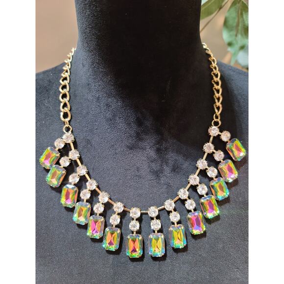 Women's Gold Chain Rainbow Crystal Statement Necklace With Lobster Clasp Lock - Picture 1 of 7